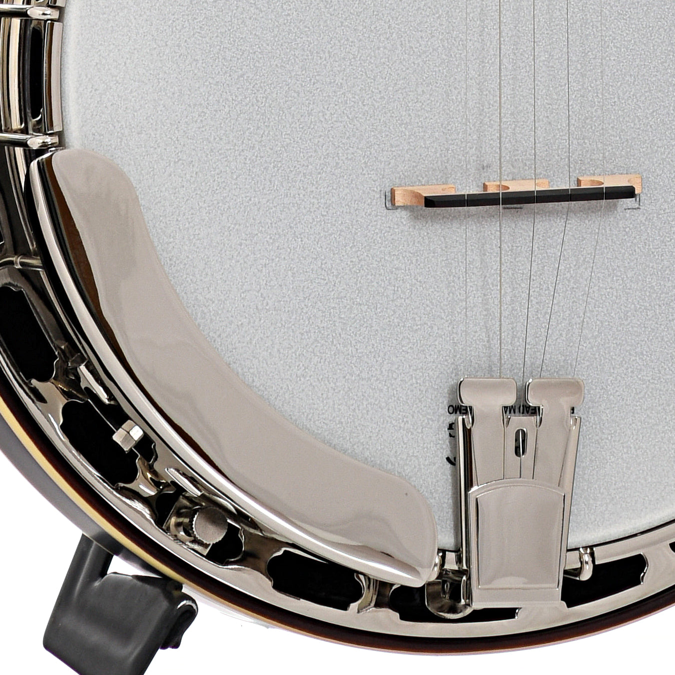 Armrest, tailpiece and bridge of Recording King Madison Deluxe Resonator Banjo, Maple