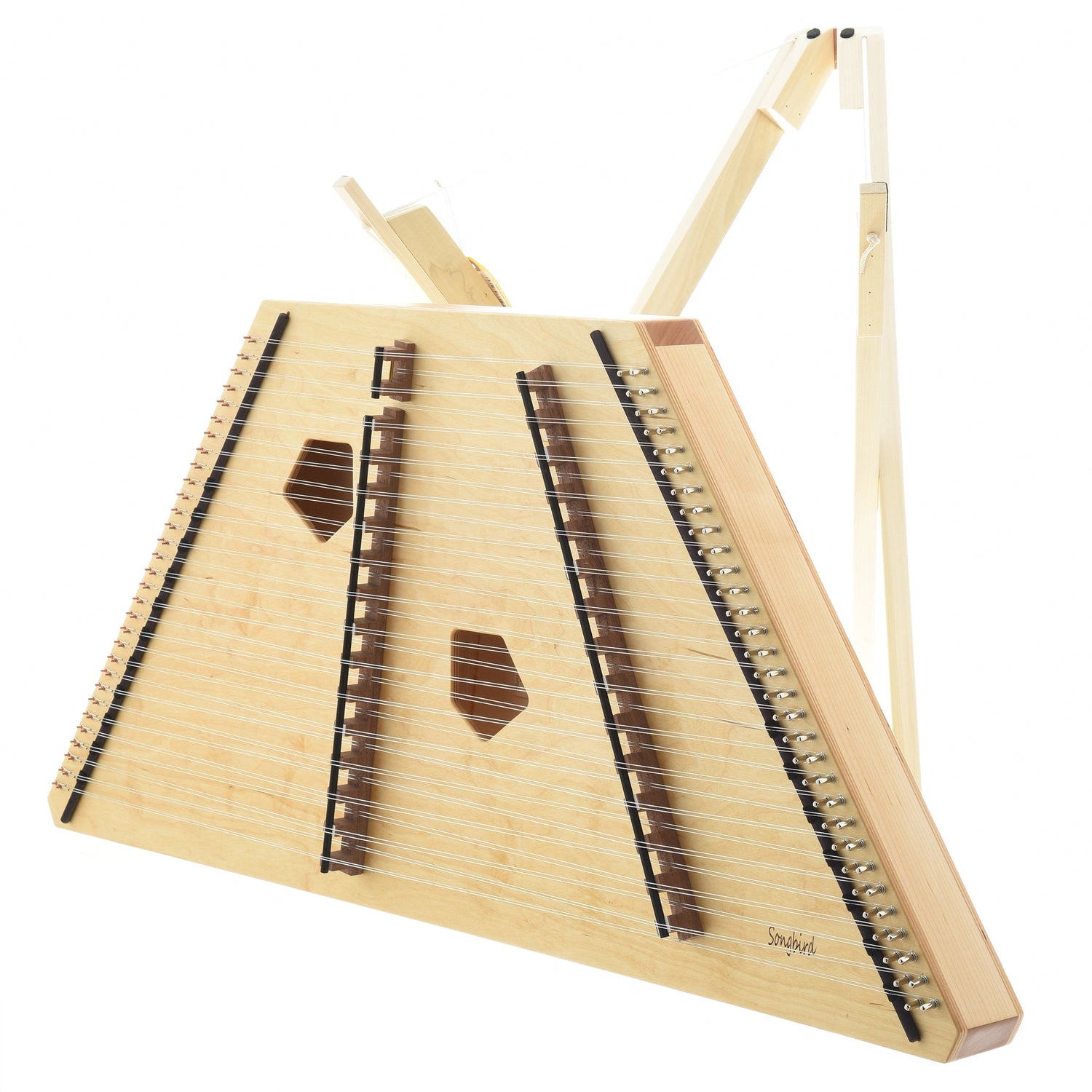 Side and stand of Songbird Phoebe 16/15 Hammered Dulcimer