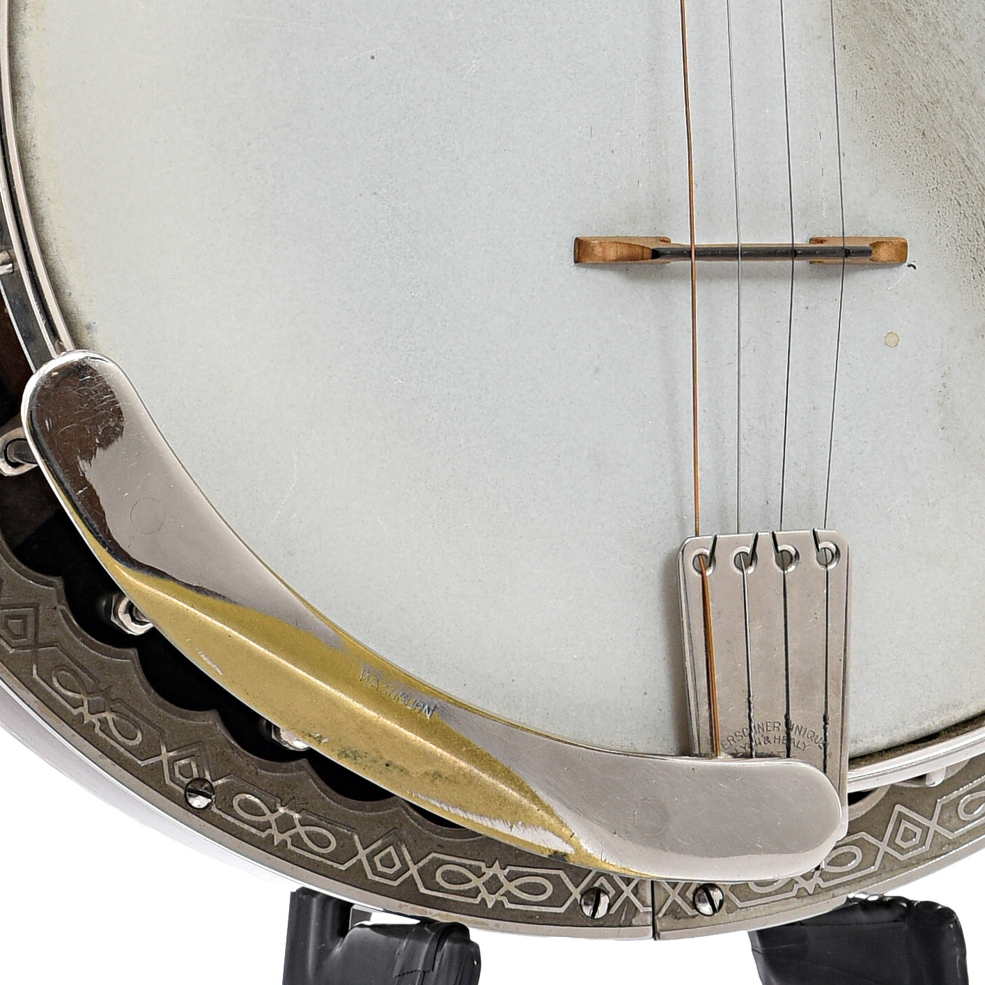 Armrest, tailpiece and bridge of Washburn Style 5177 "Dasant" Tenor Banjo 