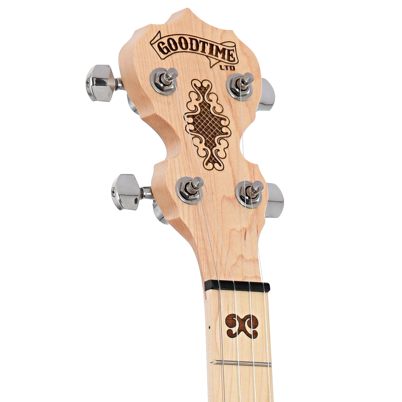 Front Headstock of Deering Goodtime 2 Limited Edition Bronze Resonator Banjo