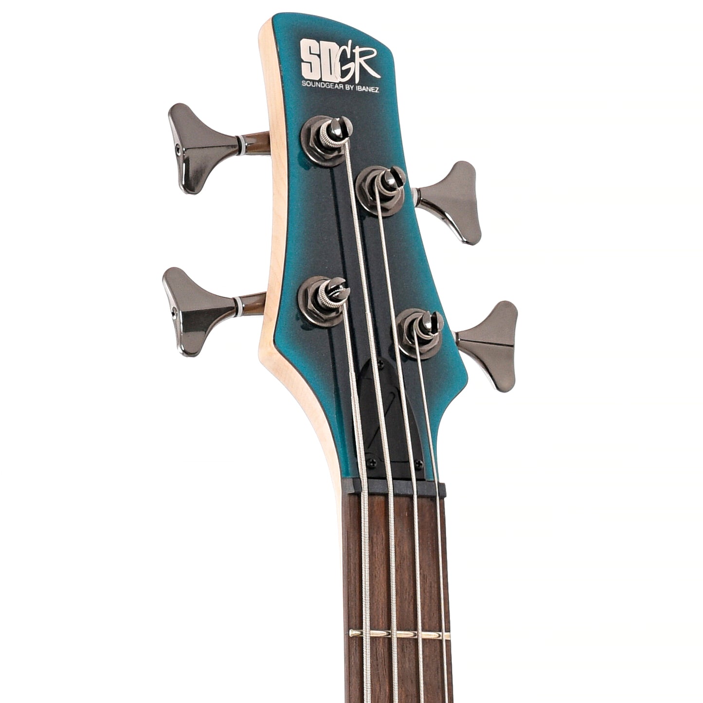 Front headstock of Ibanez SR300E Cerulean Aura Burst bass