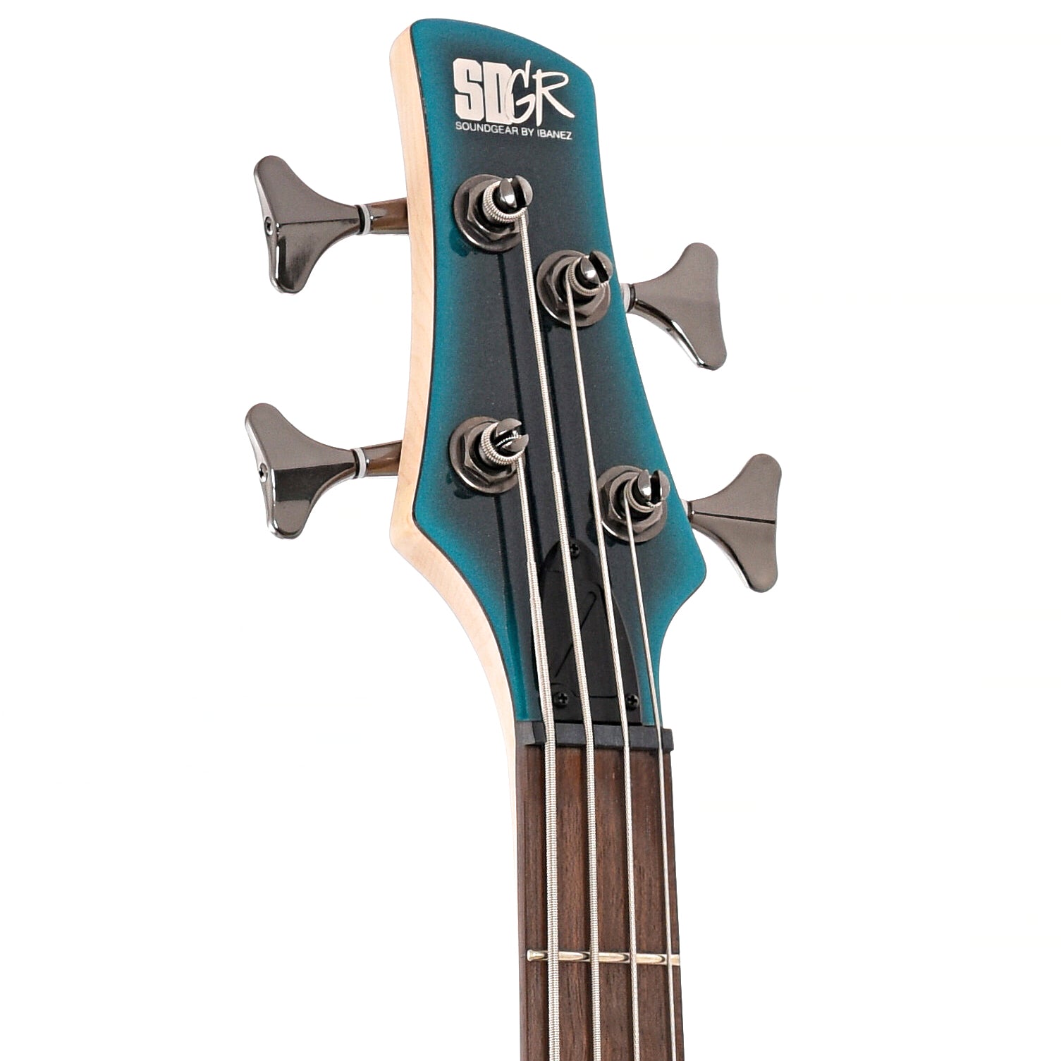 Front headstock of Ibanez SR300E Cerulean Aura Burst bass