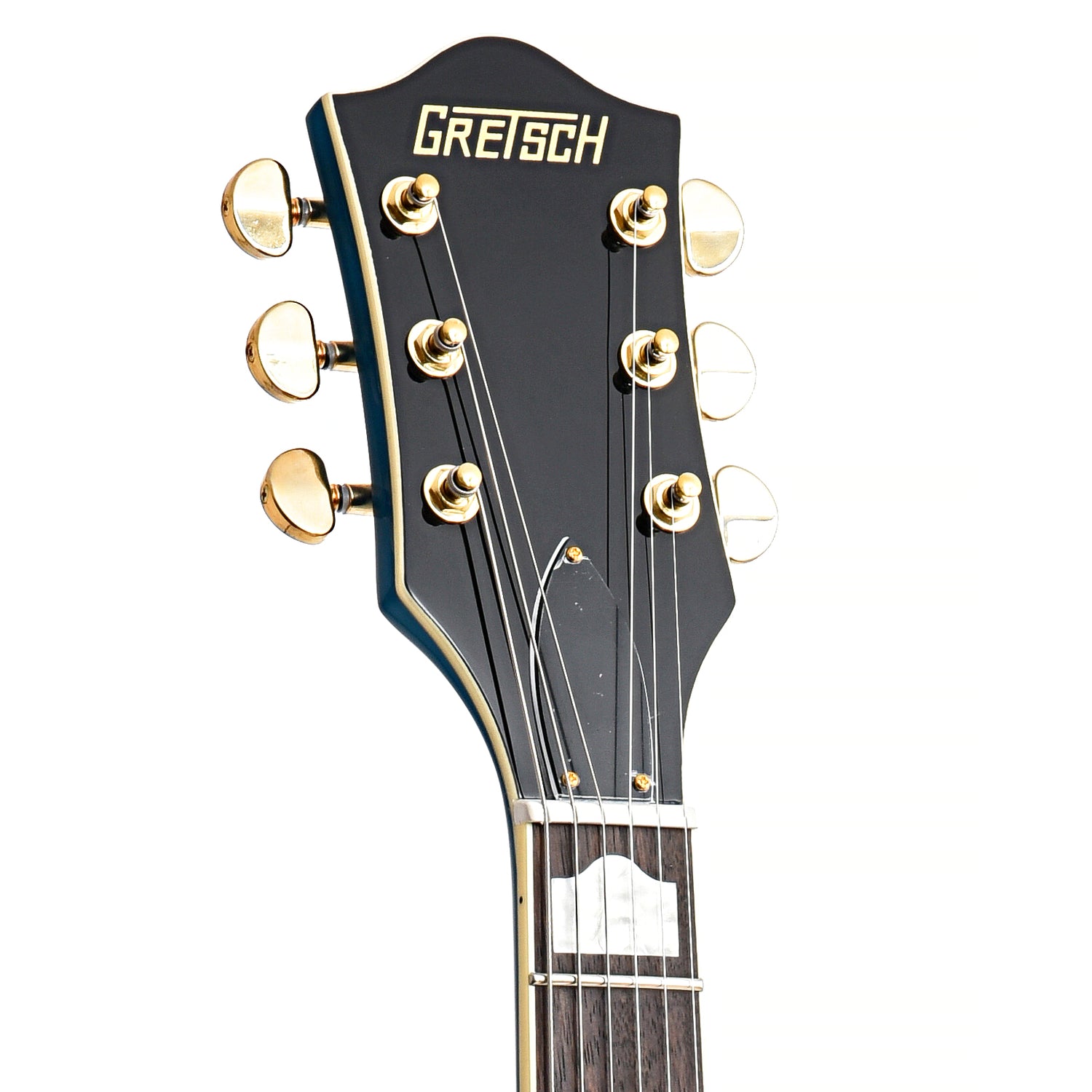 Front headstock of Gretsch G2410TG Streamliner Hollow Body Single Cut with Bigsby, Ocean Turquoise
