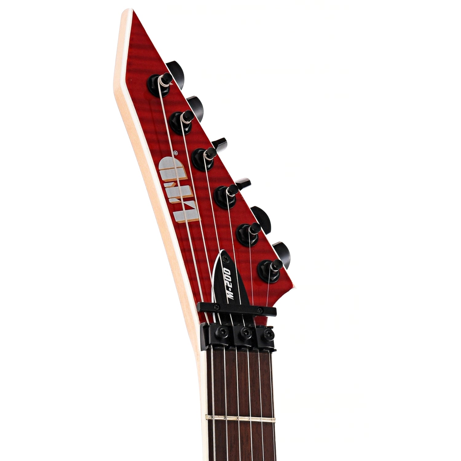 Front headstock of ESP LTD M-200FM Electric Guitar, See Thru Red
