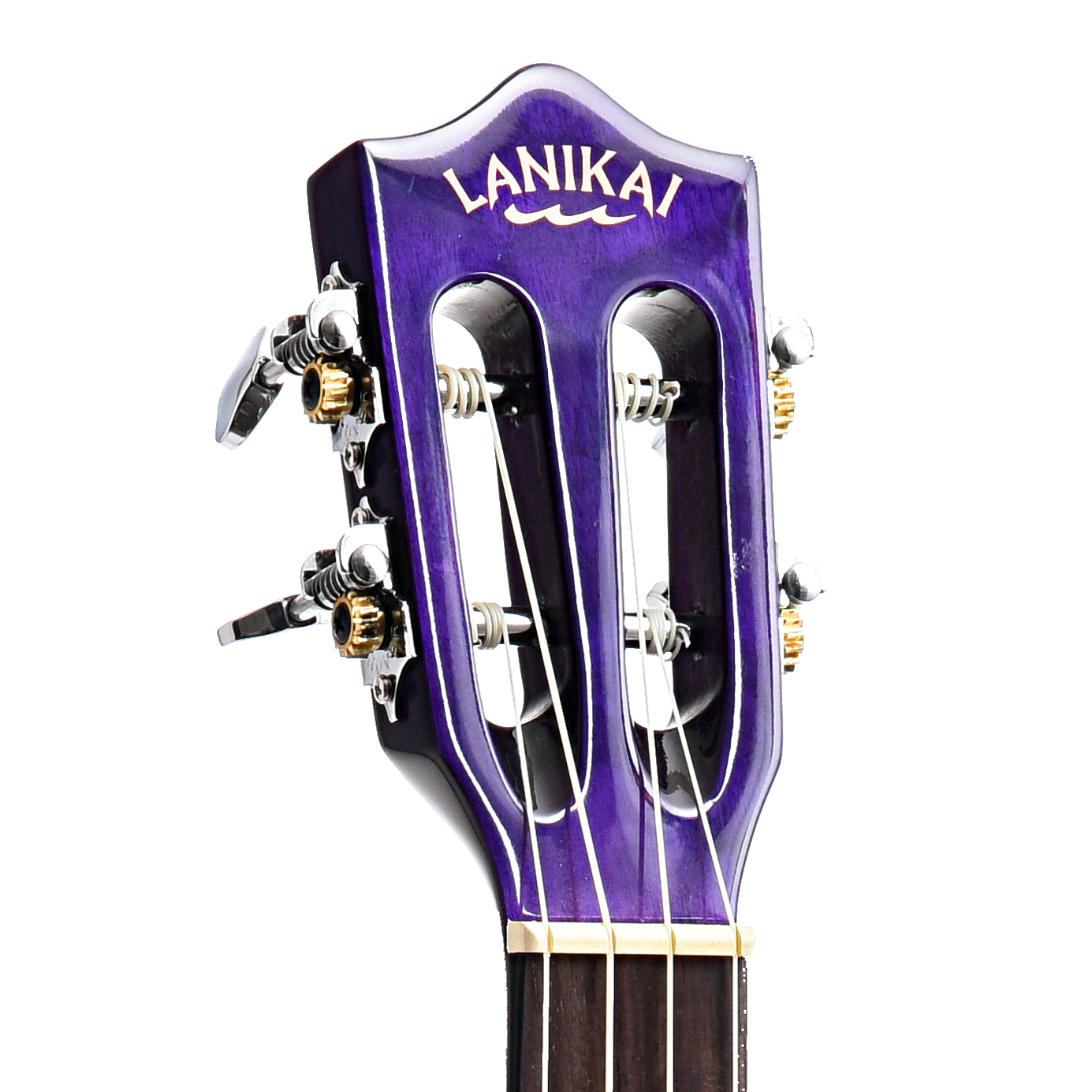 front headstock of Lanikai Quilted Maple Purple Stain A/E Tenor 