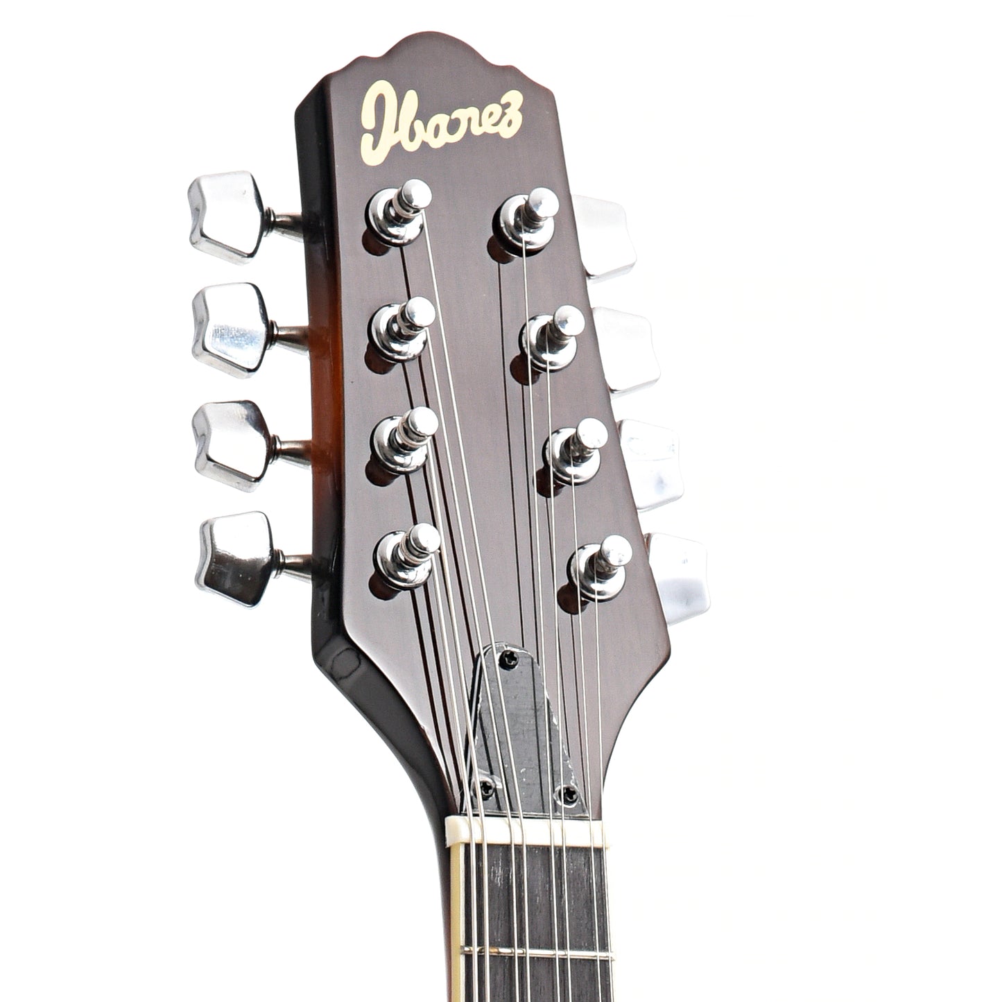 Front Headstock of Ibanez M510 A-Style Mandolin, Brown Sunburst