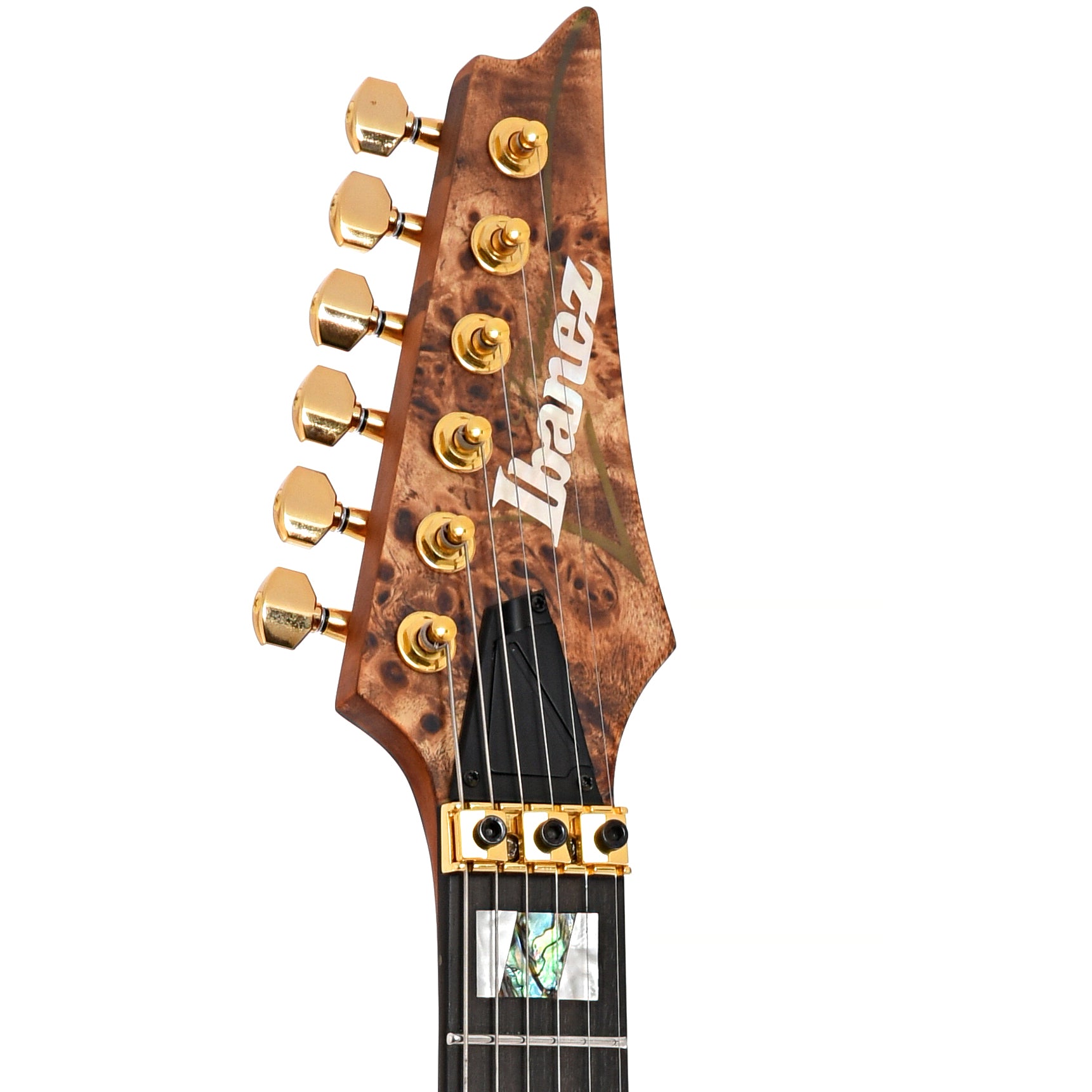 Front headstock of Ibanez Premium RGT1220PB Electric Guitar, Antique Brown Stained