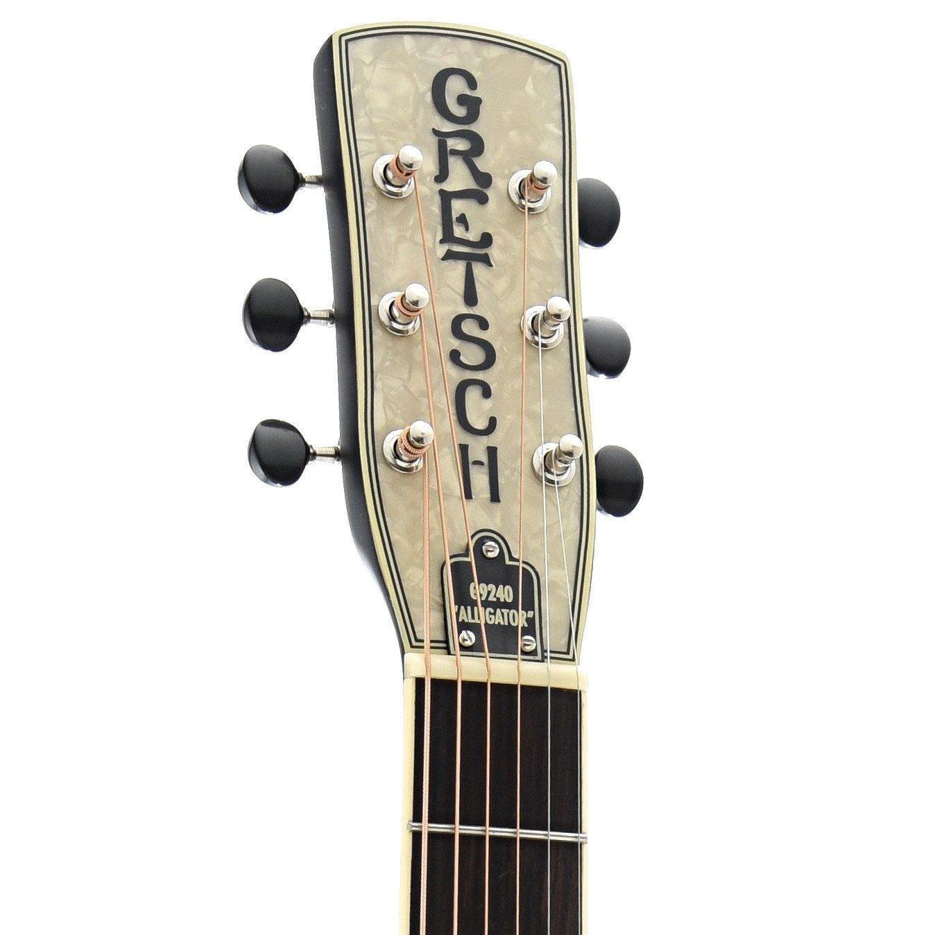 Front Headstock of Gretsch Ampli-Sonic G9240 Alligator Roundneck Resonator Guitar