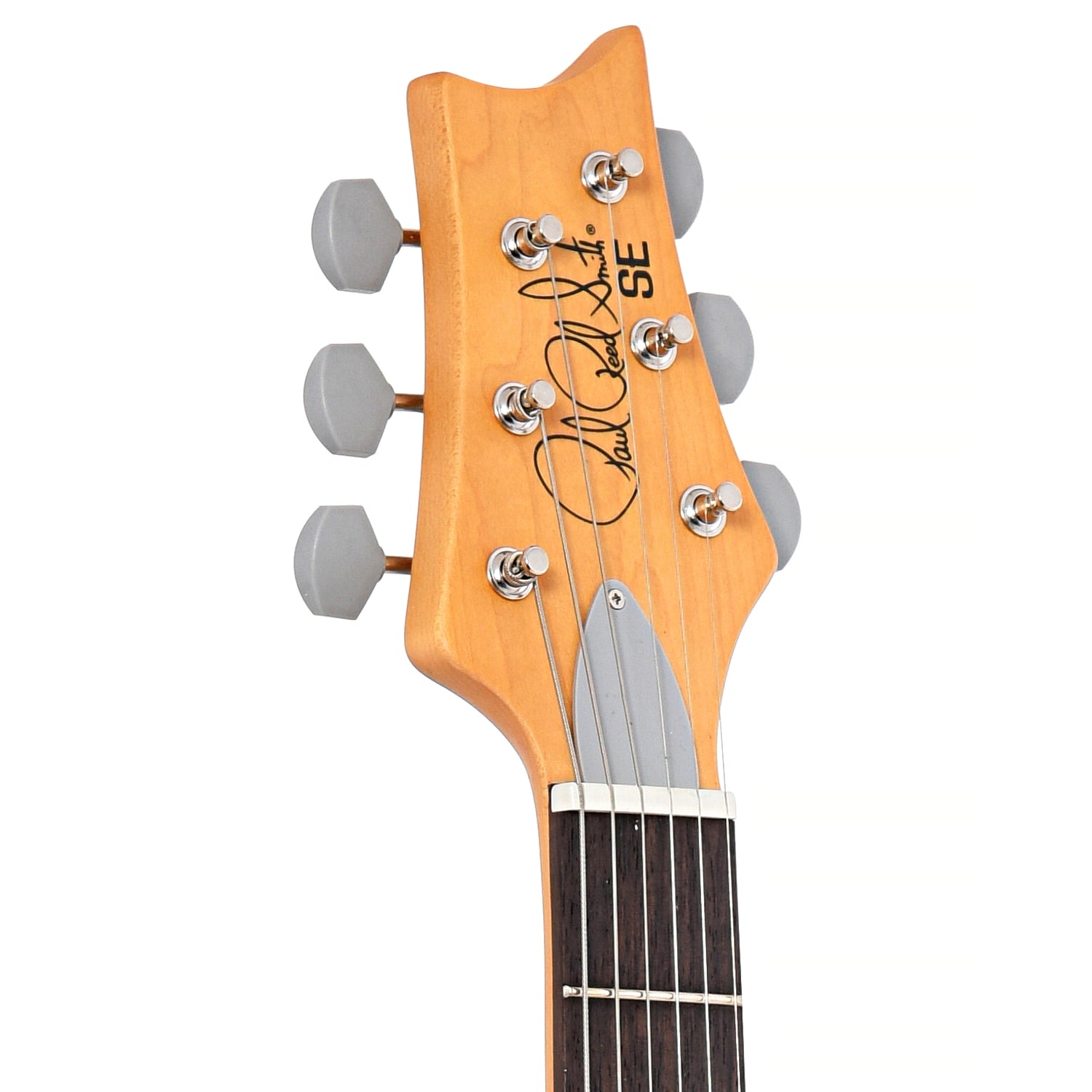 Front headstock of PRS SE Silver Sky Electric Guitar, Dragon Fruit