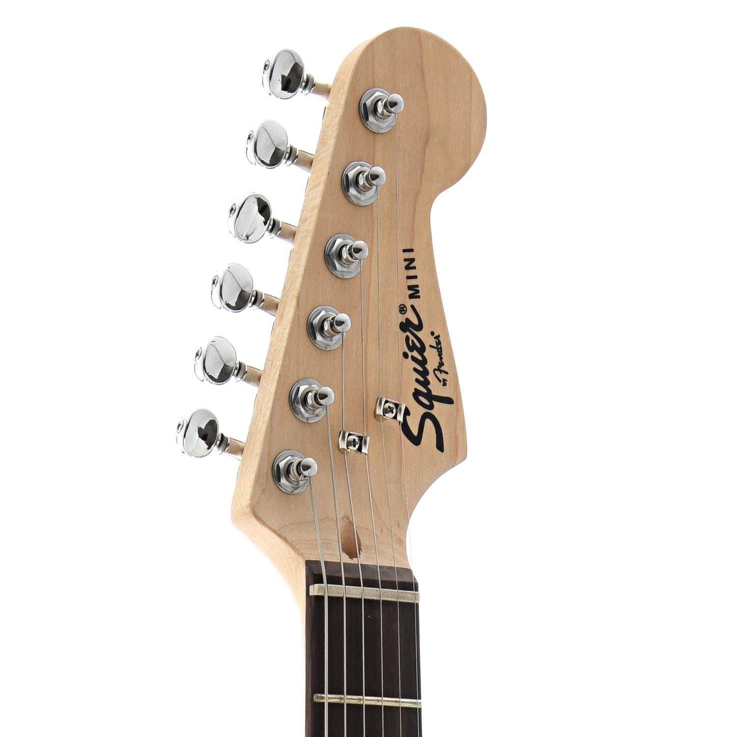 Front headstock of Squier Mini Stratocaster, Dakota Red