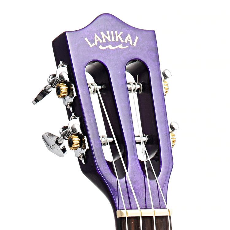 front headstock of Lanikai Quilted Maple Purple Stain A/E Concert Ukulele
