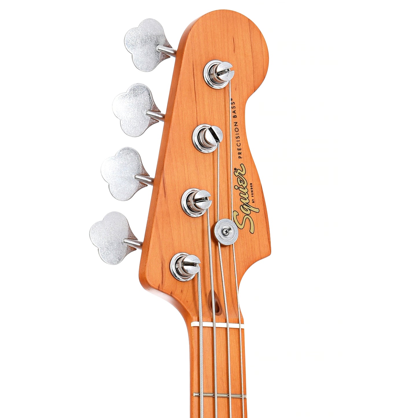 Front headstock of Squier 40th Anniversary Precision Bass, Vintage Edition, Satin Dakota Red