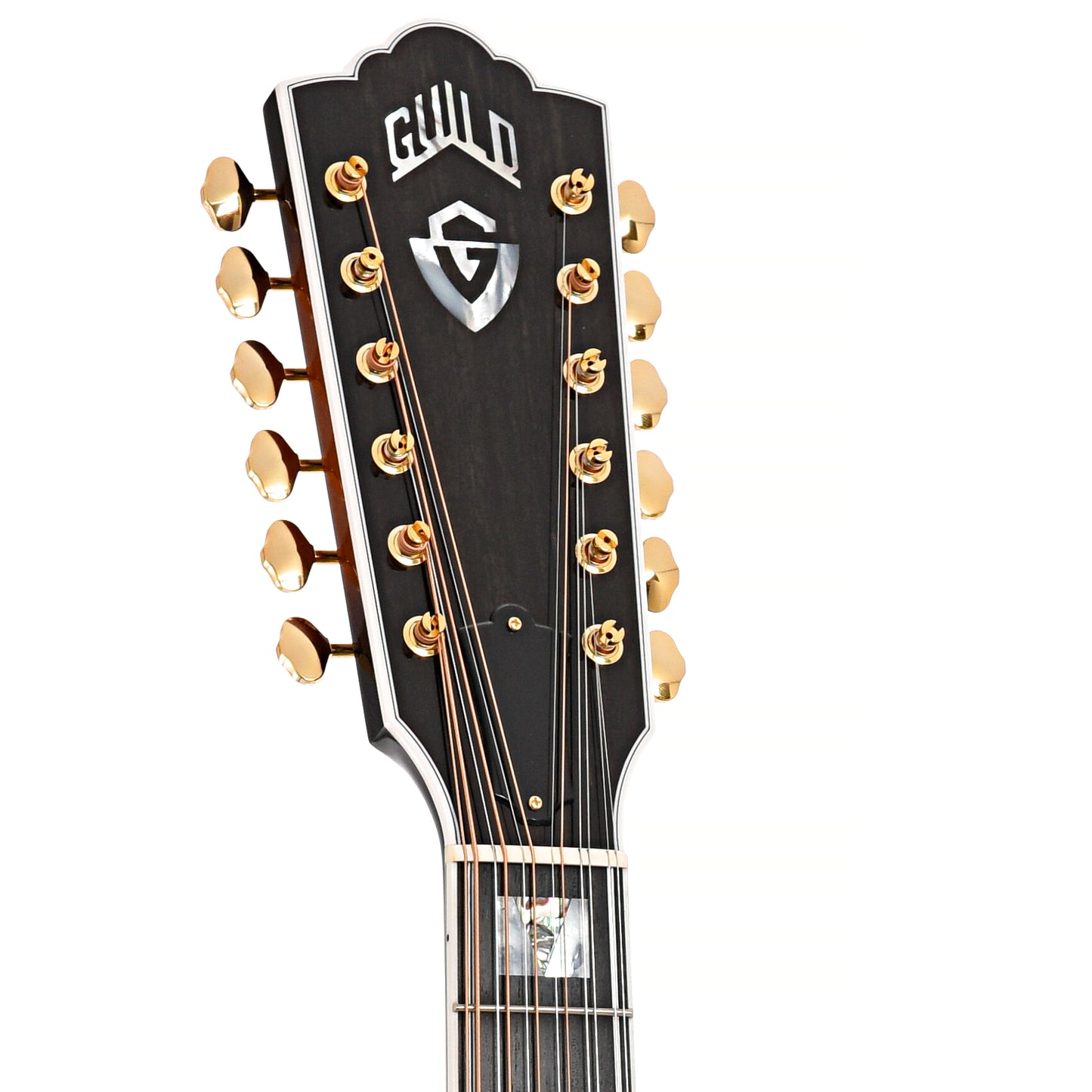 Front headstock of Guild USA F-512E Maple 12-String Guitar, Antique Burst