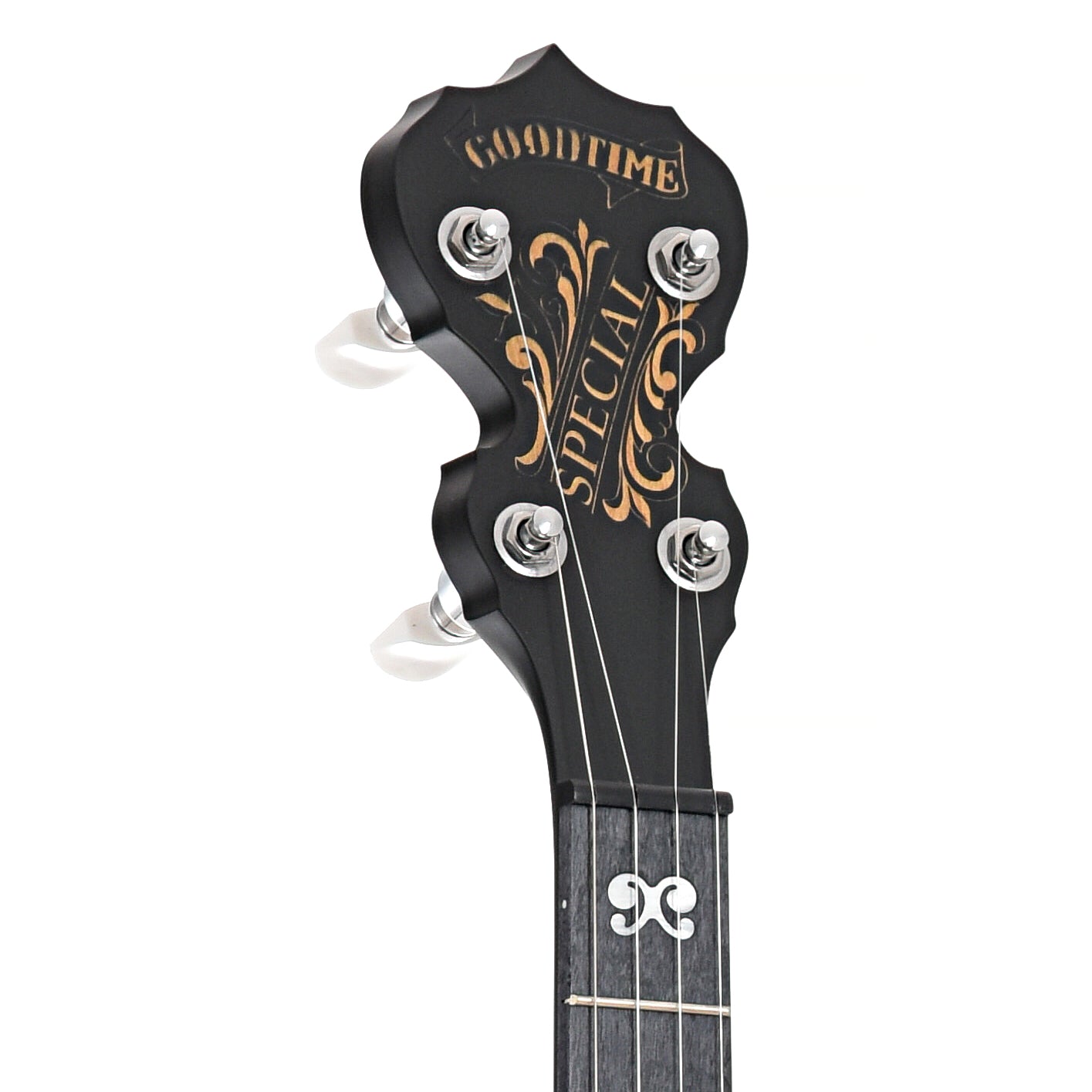 Front headstock of Deering Goodtime Blackgrass Special Resonator Banjo