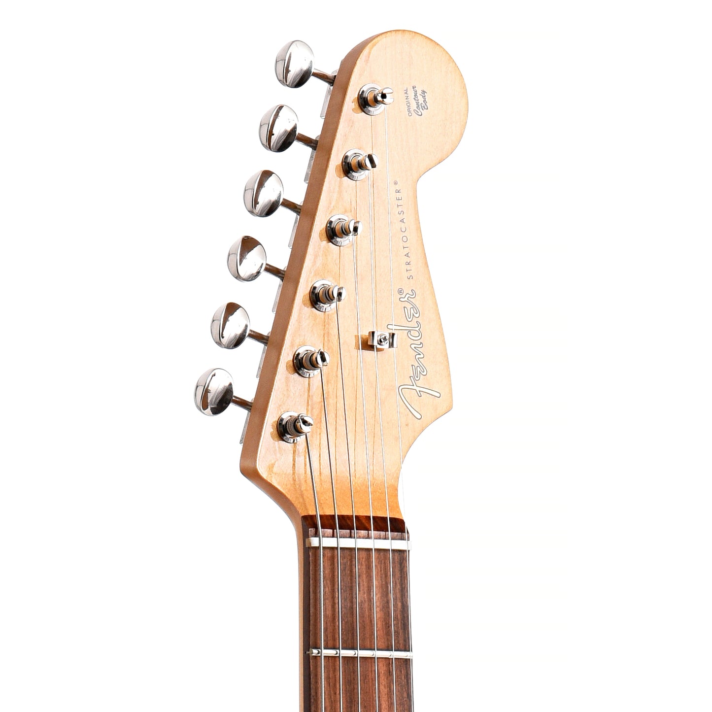 Front headstock of Fender Noventa Stratocaster, Crimson Red Transparent