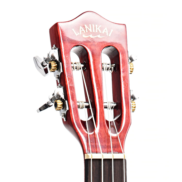Front headstock of Lanikai Quilted Maple Red Stain A/E Tenor Ukulele 