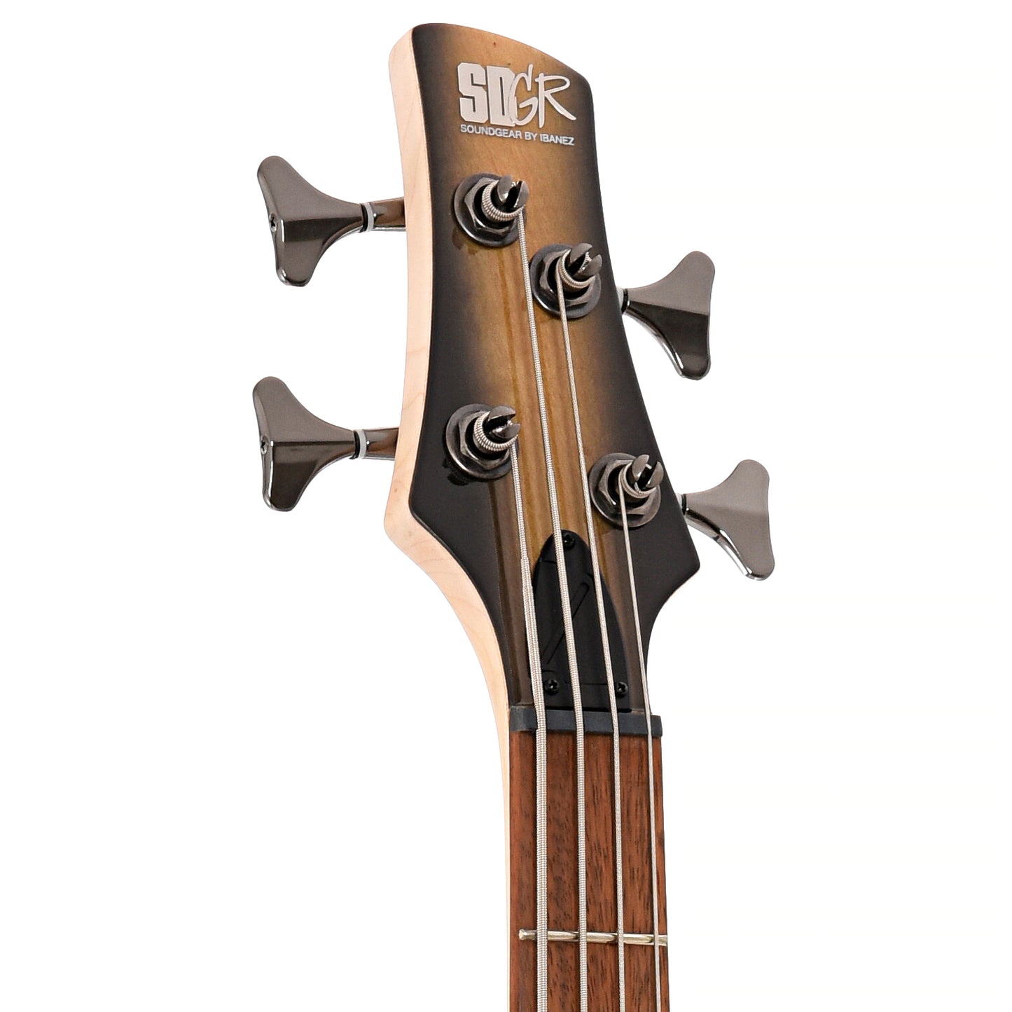 Front headstock of Ibanez SR370E 4-String Bass, Surreal Black Dual Fade Gloss