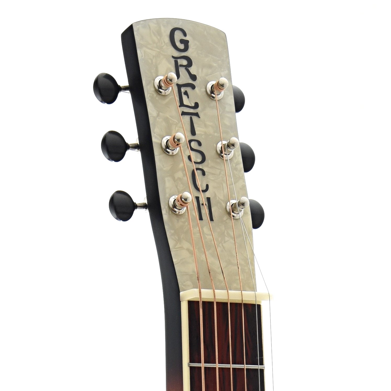 Front Headstock of Gretsch Ampli-Sonic G9230 Bobtail Deluxe Squareneck Resonator Guitar