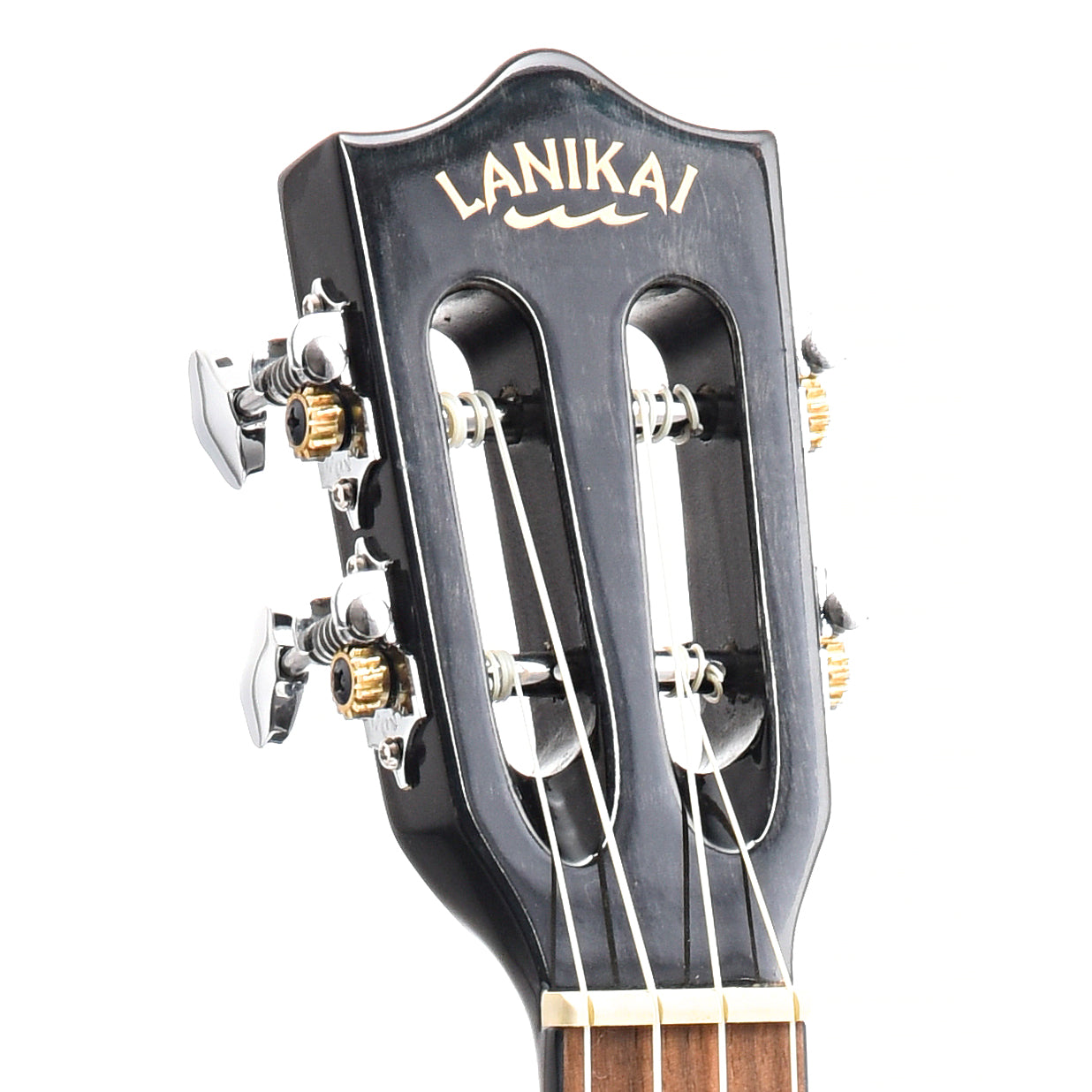 front headstock of Lanikai Quilted Maple Black Stain A/E Concert Ukulele
