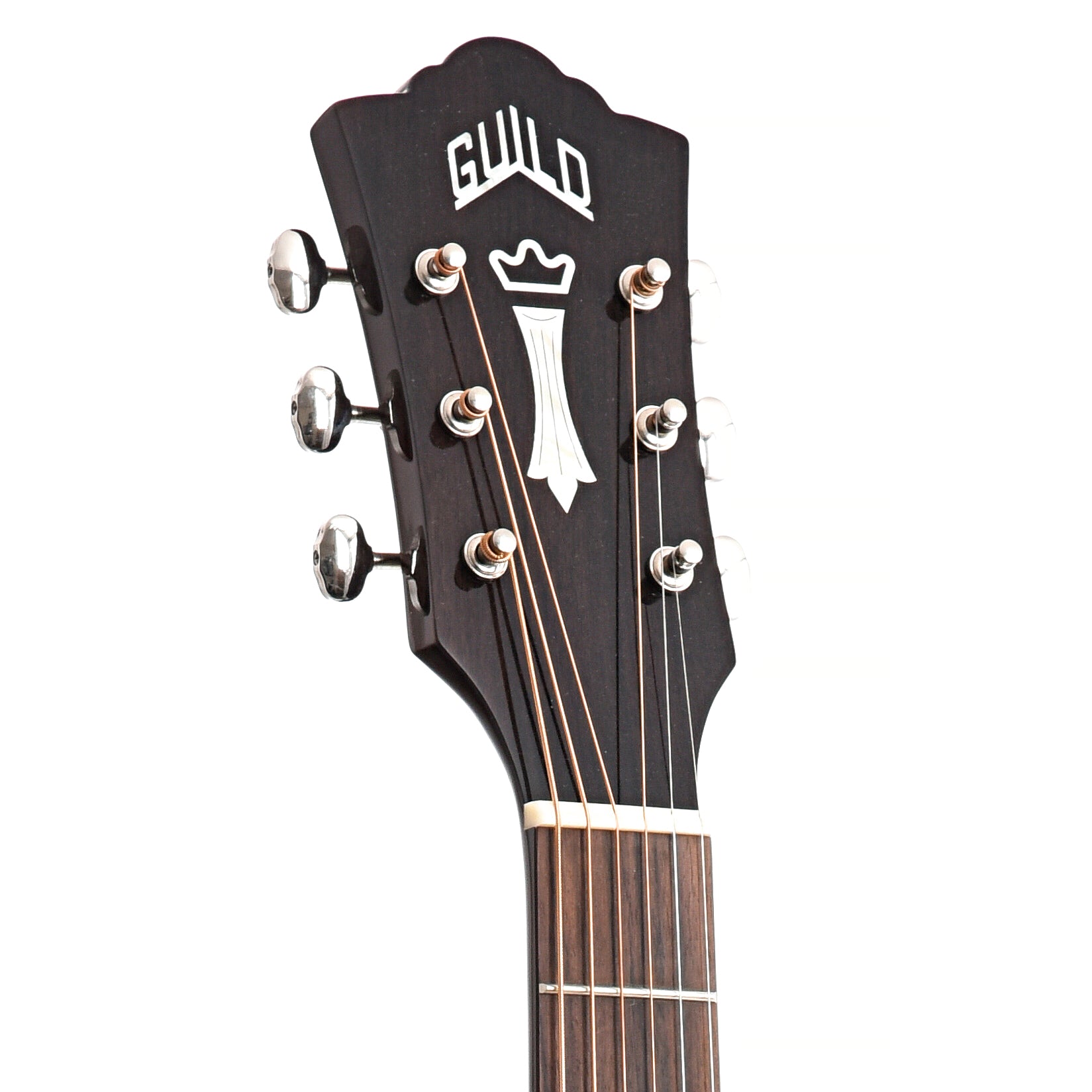 Front headstock of Guild Westerly Collection D-140CE ATB Sunburst Guitar 