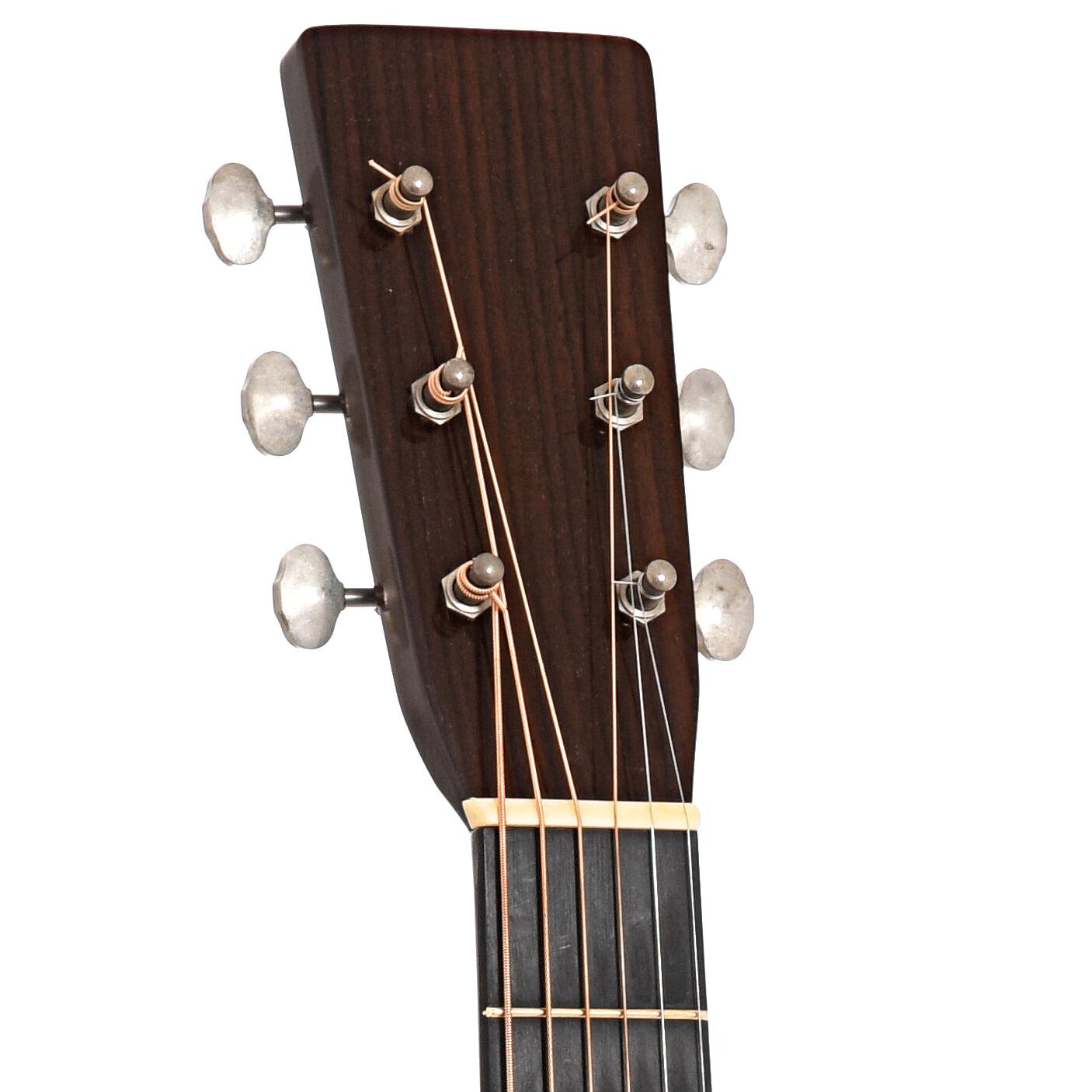 Front headstock of Pre-War Guitar Co. Double Aught (00) Old-Growth Indian Rosewood, Iced-Tea Burst, Level 2 Aging Acoustic