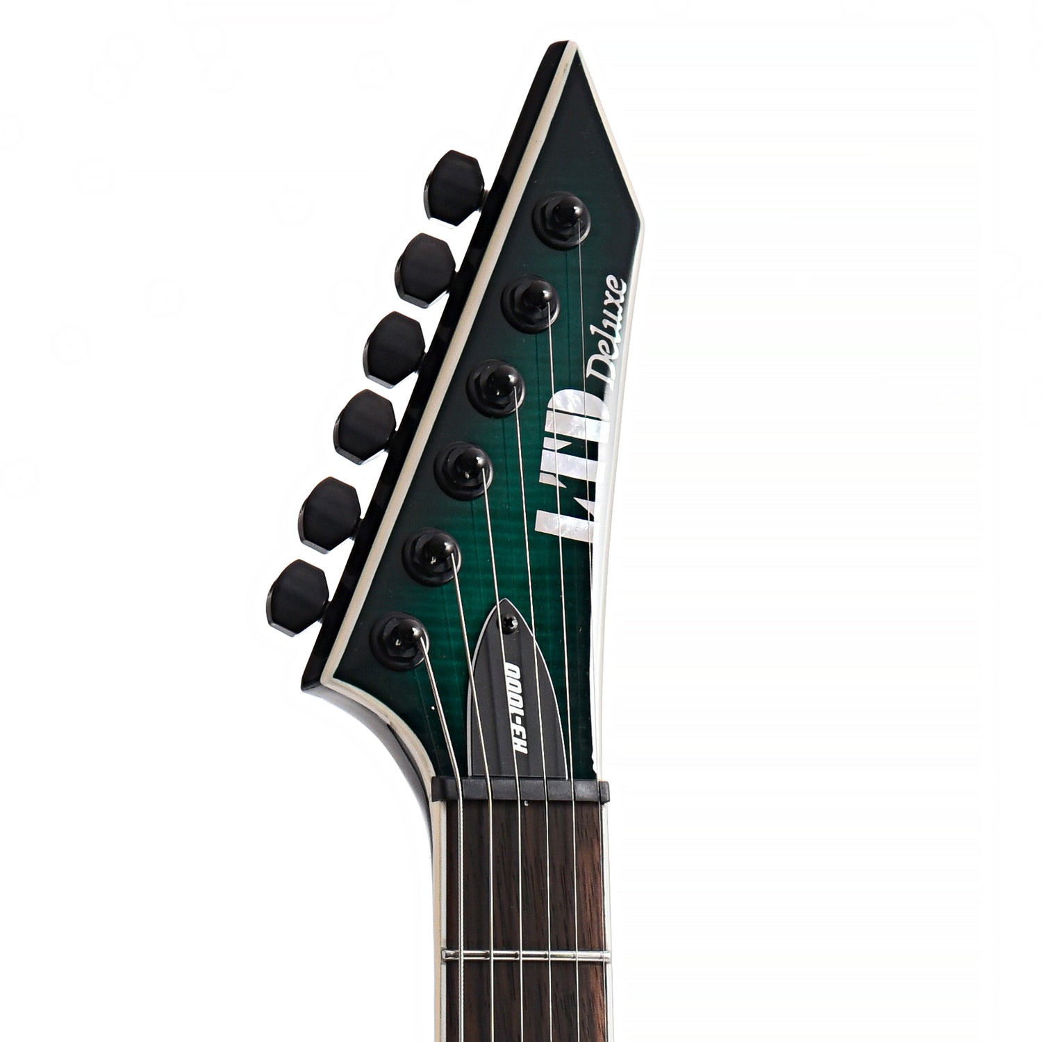 Front headstock of ESP LTD H3-1000 Electric Guitar, Black Turquoise Burst