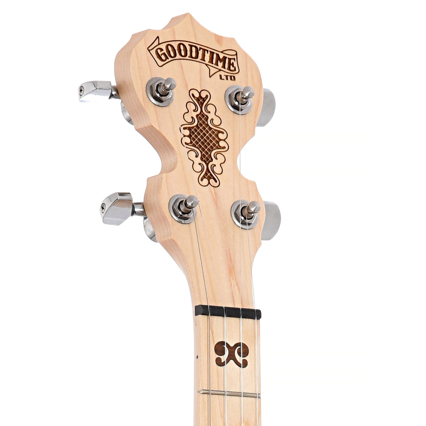Front headstock of Deering Goodtime Americana Limited Edition Bronze 12" Openback Banjo with Scooped Fretboard