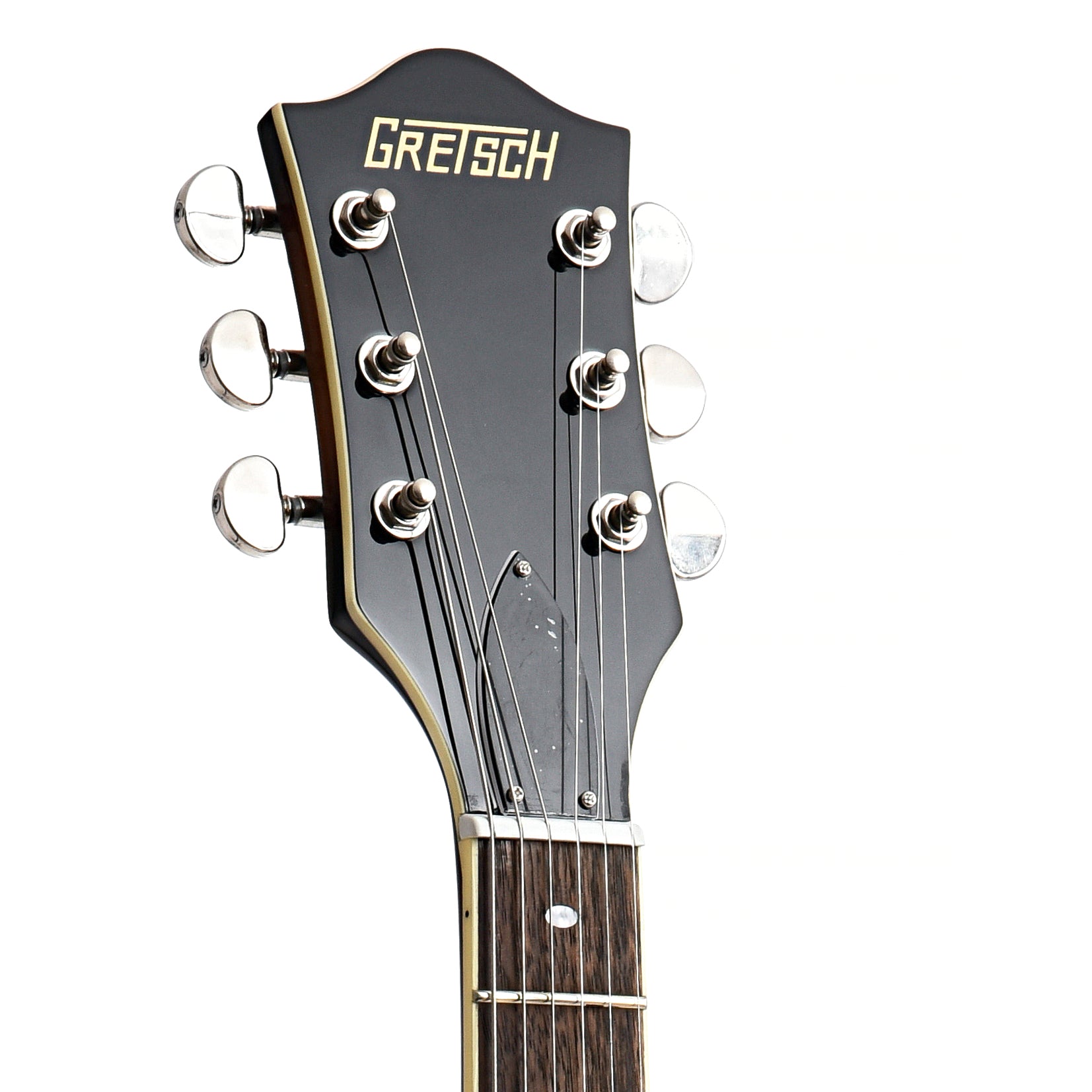 Front headstock of Gretsch G2655-P90 Streamliner Center Block Jr. Double-Cut P90 with V-Stoptail, Brownstone