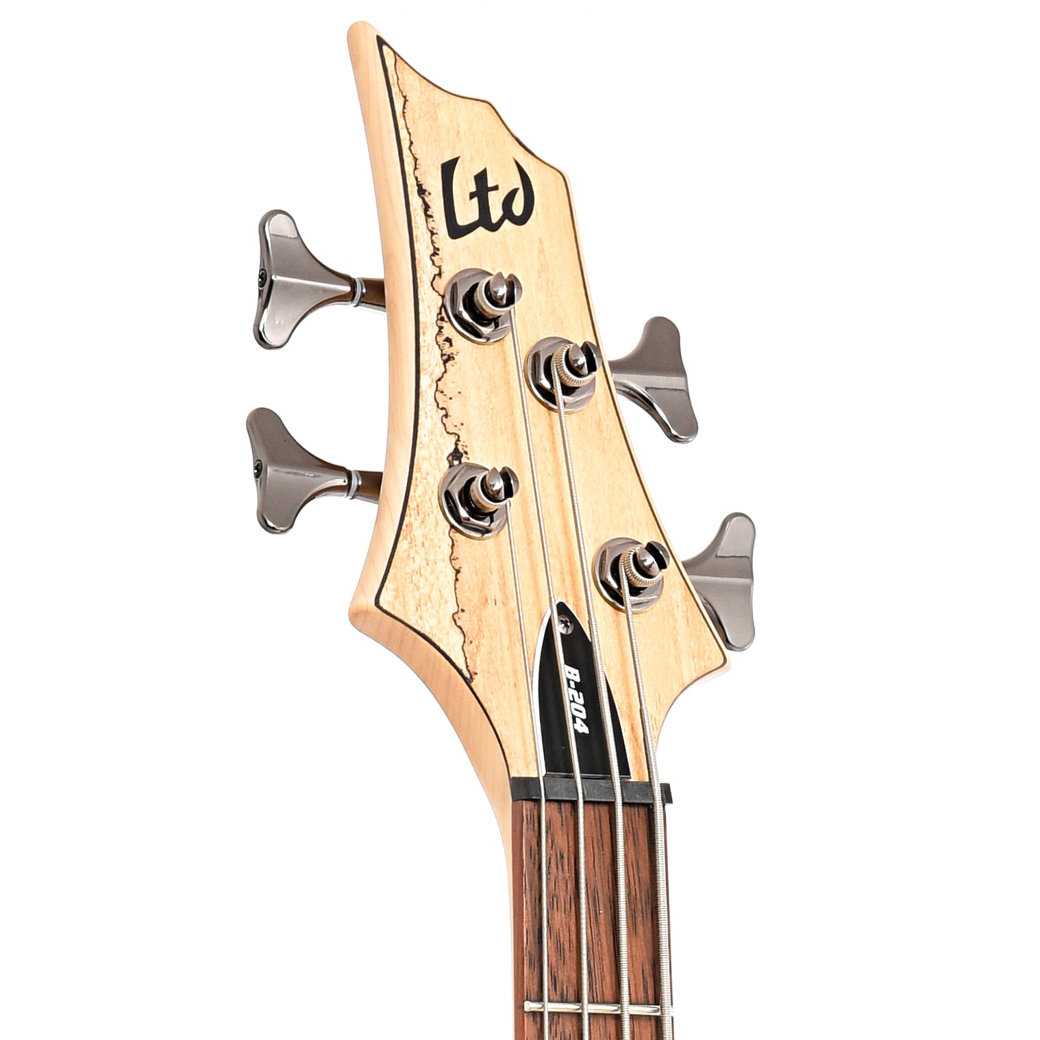 front headstock of ESP LTD Left Handed B-204SM Spalted Maple Natural Satin 4-String Bass