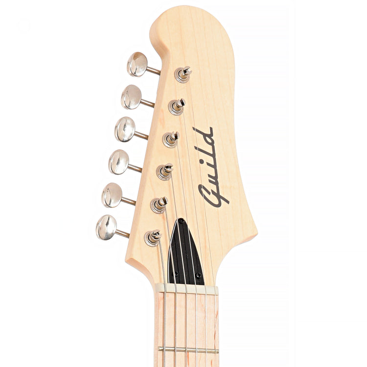 Frotn headstock of Guild Surfliner HH Electric Guitar, Canyon Dusk
