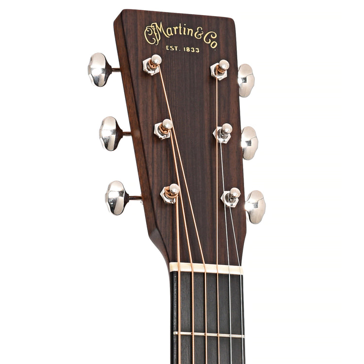 Front headstock of Martin Custom 18-Style Dreadnought, Quilted Mahogany