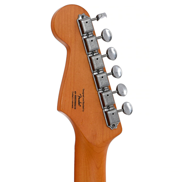 Back headstock of Squier 40th Anniversary Stratocaster, Vintage Edition, Satin Sonic Blue