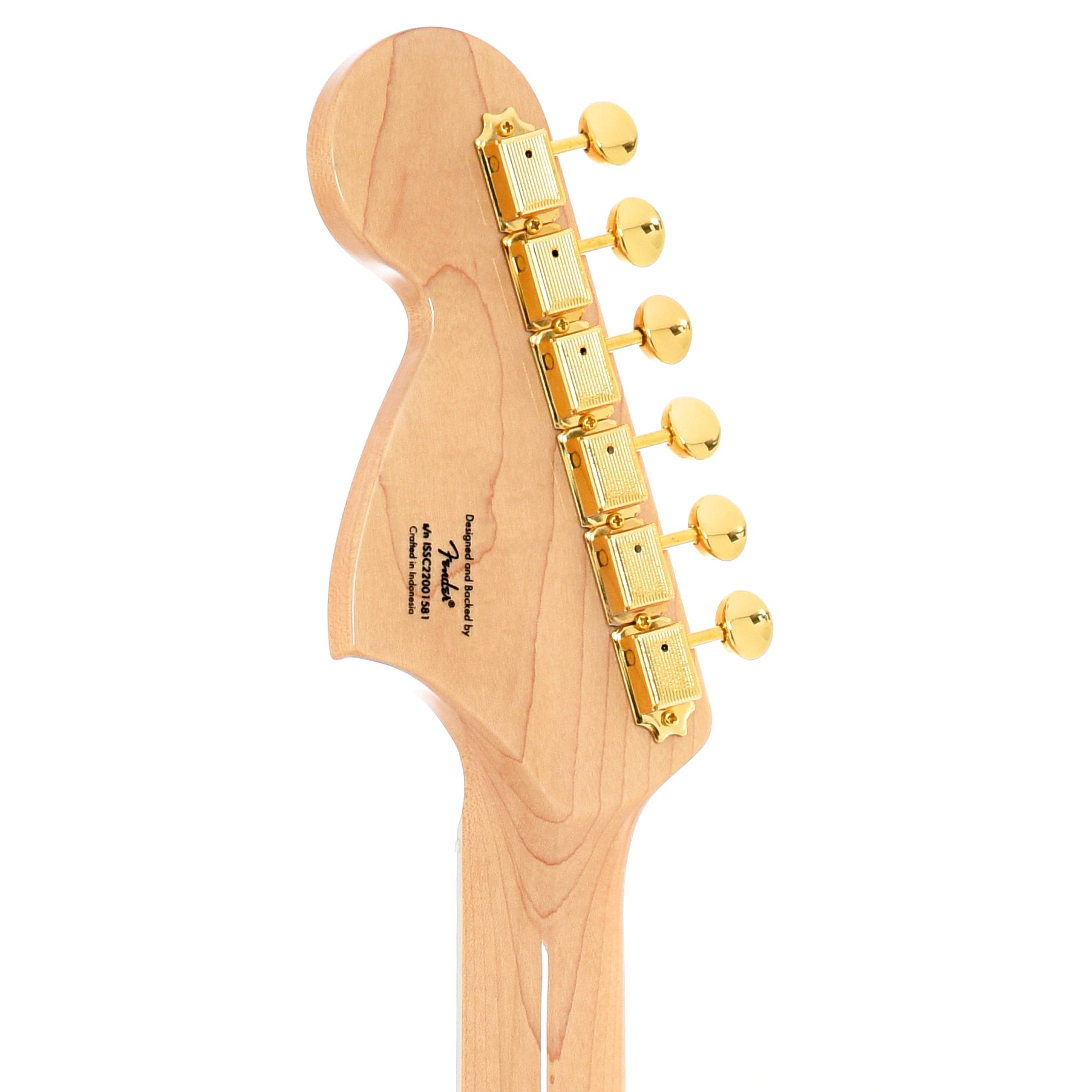 Back headstock of Squier 40th Anniversary Stratocaster, Gold Edition, Lake Placid Blue