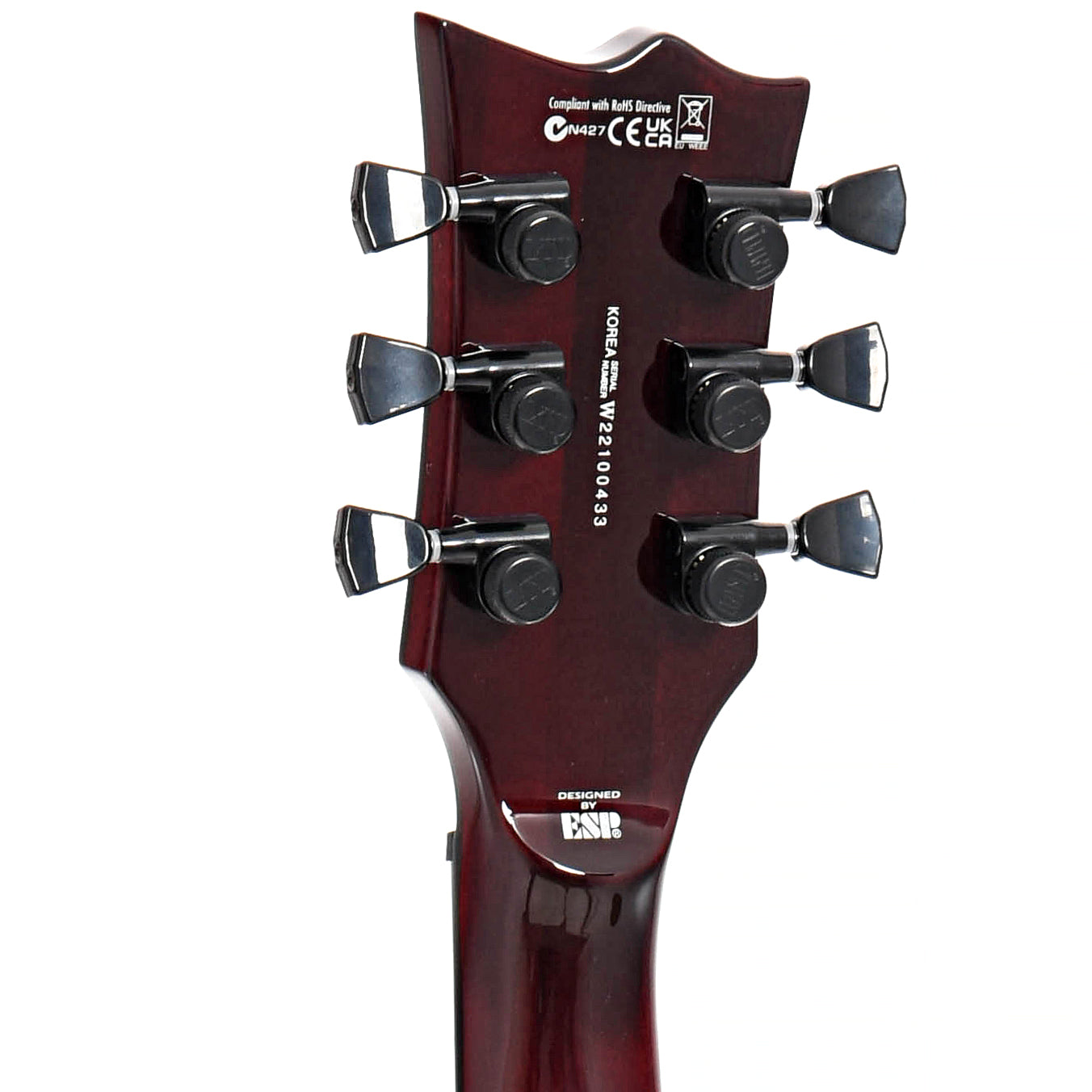 Back headstock of ESP LTD Viper-1000 Electric Guitar, See Thru Black Cherry