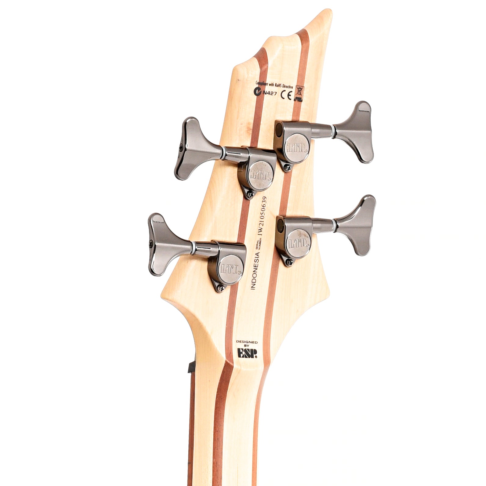 back headstock of ESP LTD Left Handed B-204SM Spalted Maple Natural Satin 4-String Bass