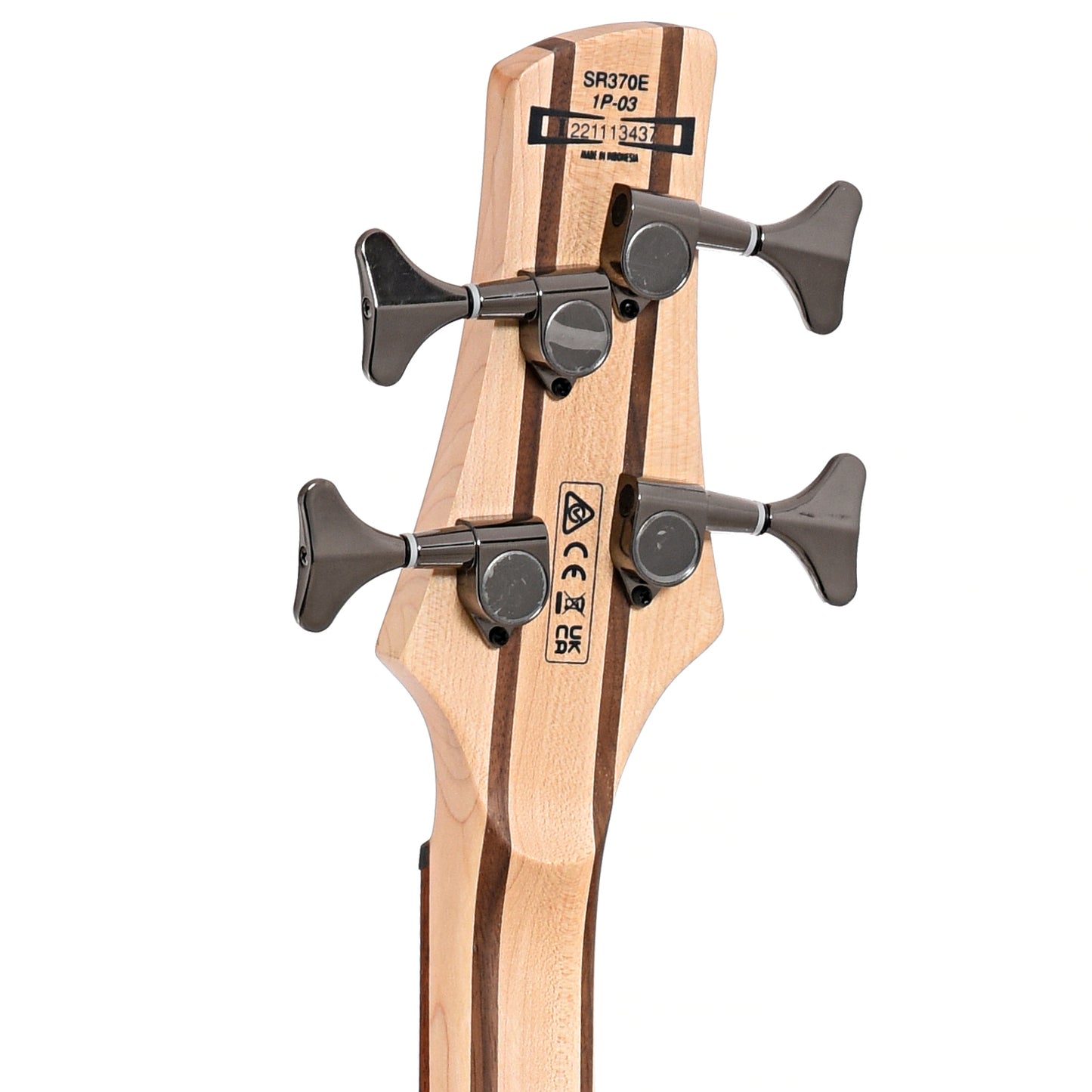 Back headstock of Ibanez SR370E 4-String Bass, Surreal Black Dual Fade Gloss