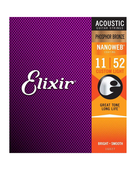 Front of Elixir 16027 Phosphor Bronze Nanoweb Custom Light 6-String Acoustic Guitar Strings
