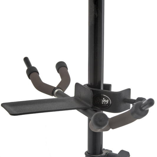 Side view of String Swing Twin Violin Hanger for Mic Stand