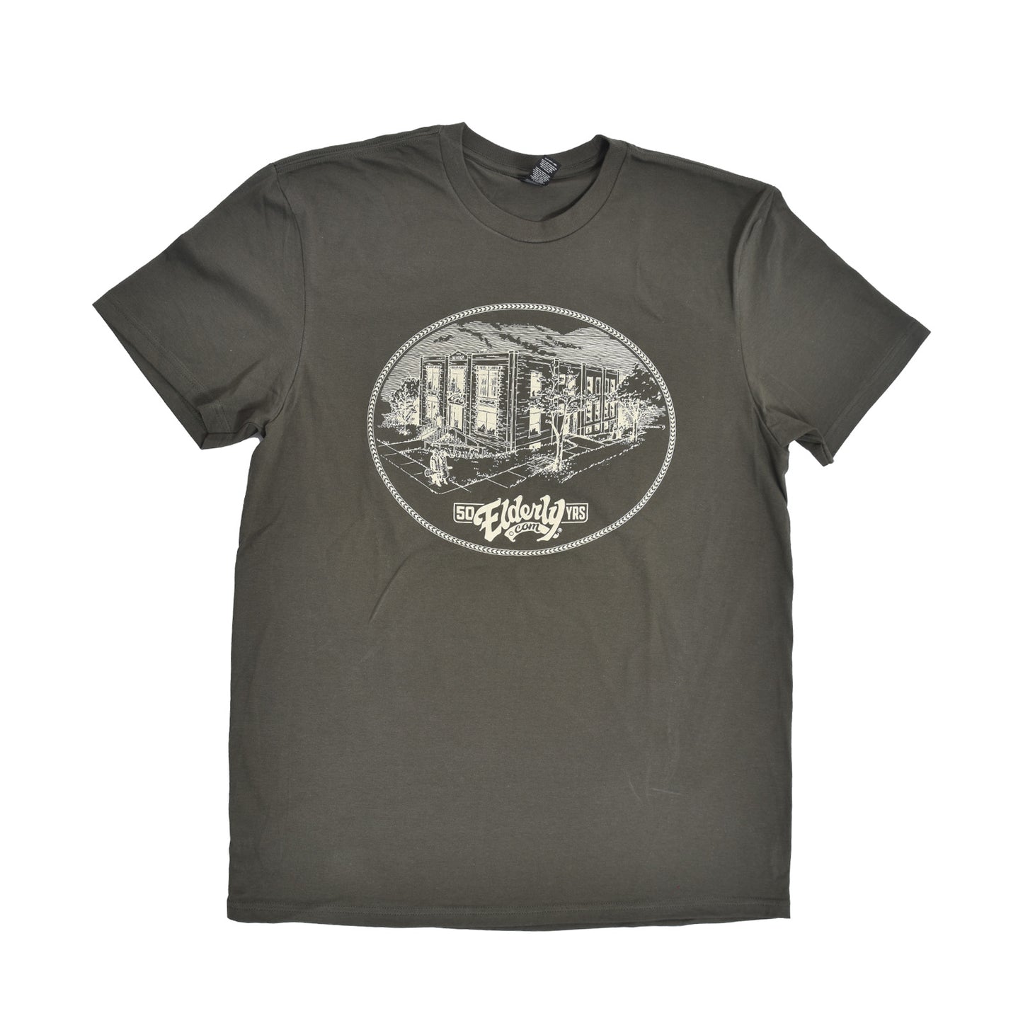 Image 2 of ELDERLY 50TH ANNIVERSARY LOGO TEE OLIVE (VARIOUS SIZES)- SKU# TEE89-OL-M : Product Type Accessories & Parts : Elderly Instruments