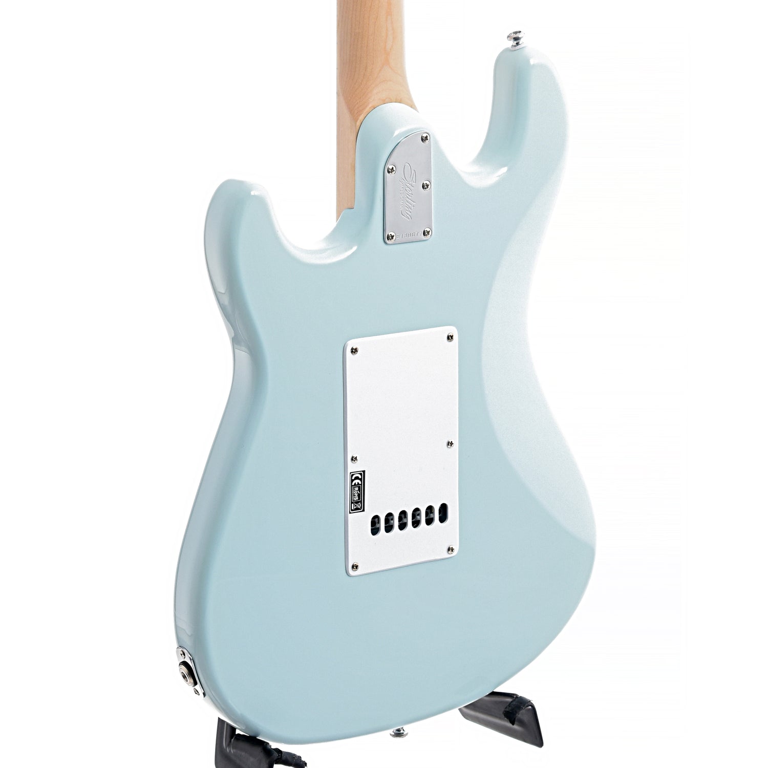 back and side of of Sterling by Music Man Cutlass SSS, Daphne Blue
