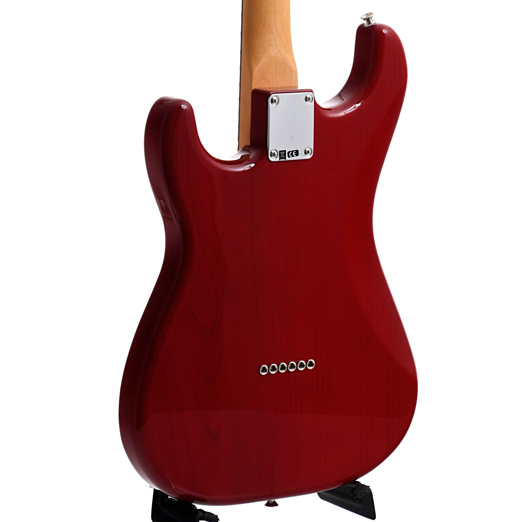 BAck and side of Fender Noventa Stratocaster, Crimson Red Transparent