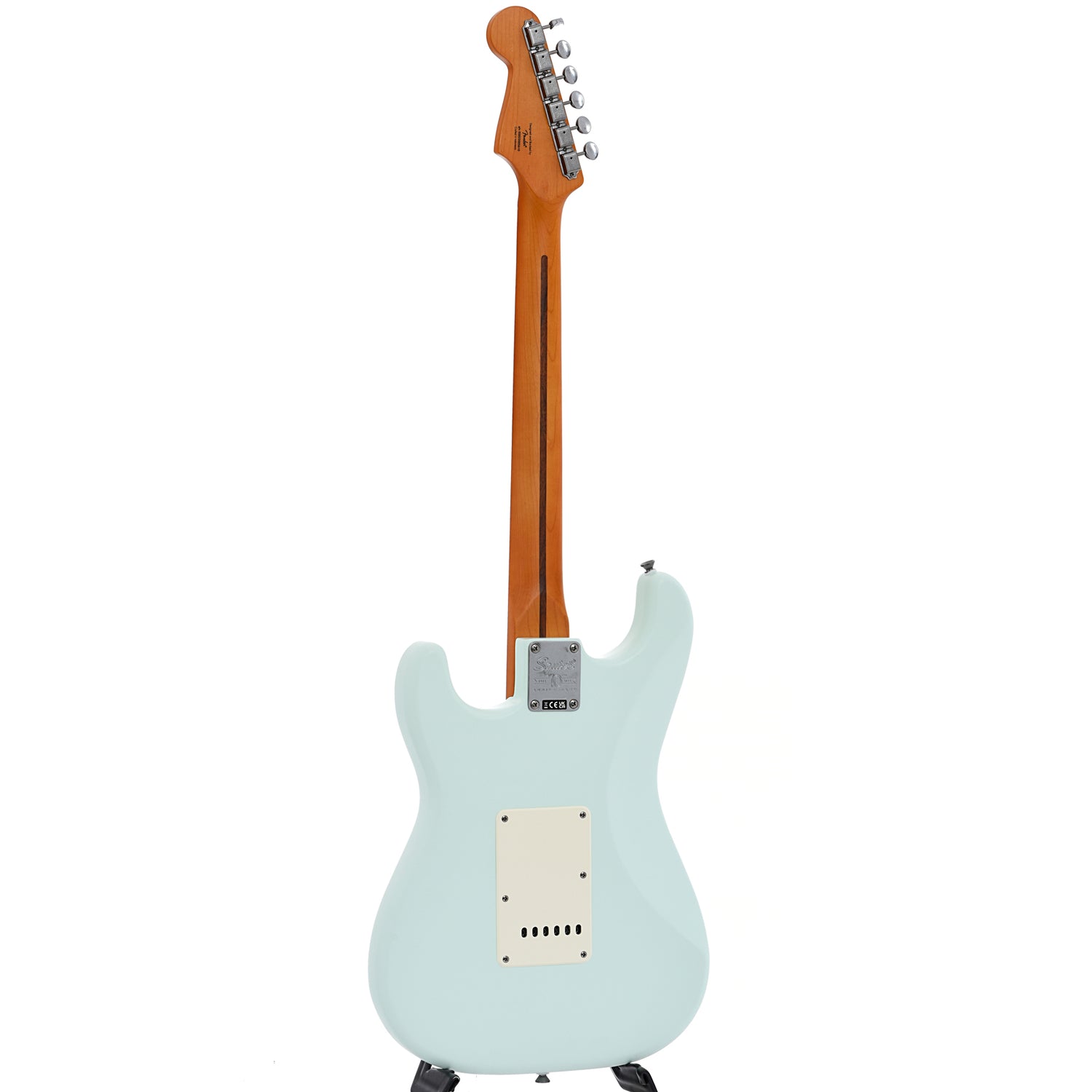 Full back and side of Squier 40th Anniversary Stratocaster, Vintage Edition, Satin Sonic Blue