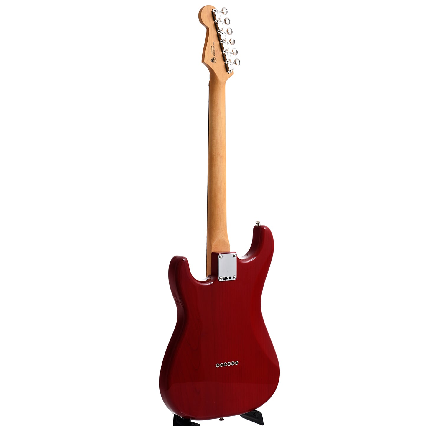 Full back and side of Fender Noventa Stratocaster, Crimson Red Transparent