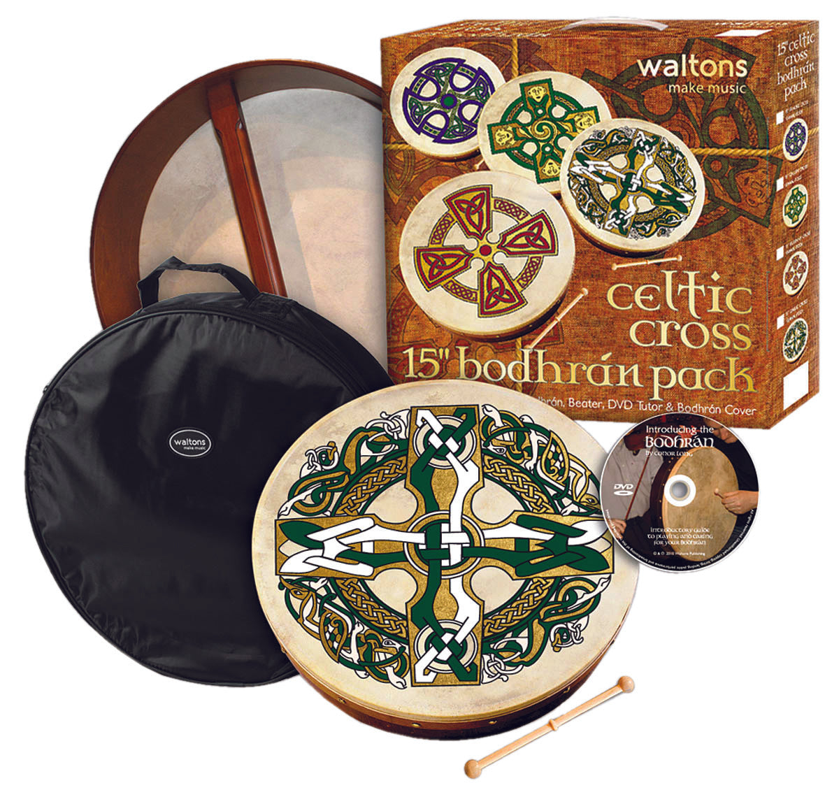 Front of Waltons Gaelic Cross 15" Bodhran Gift Pack