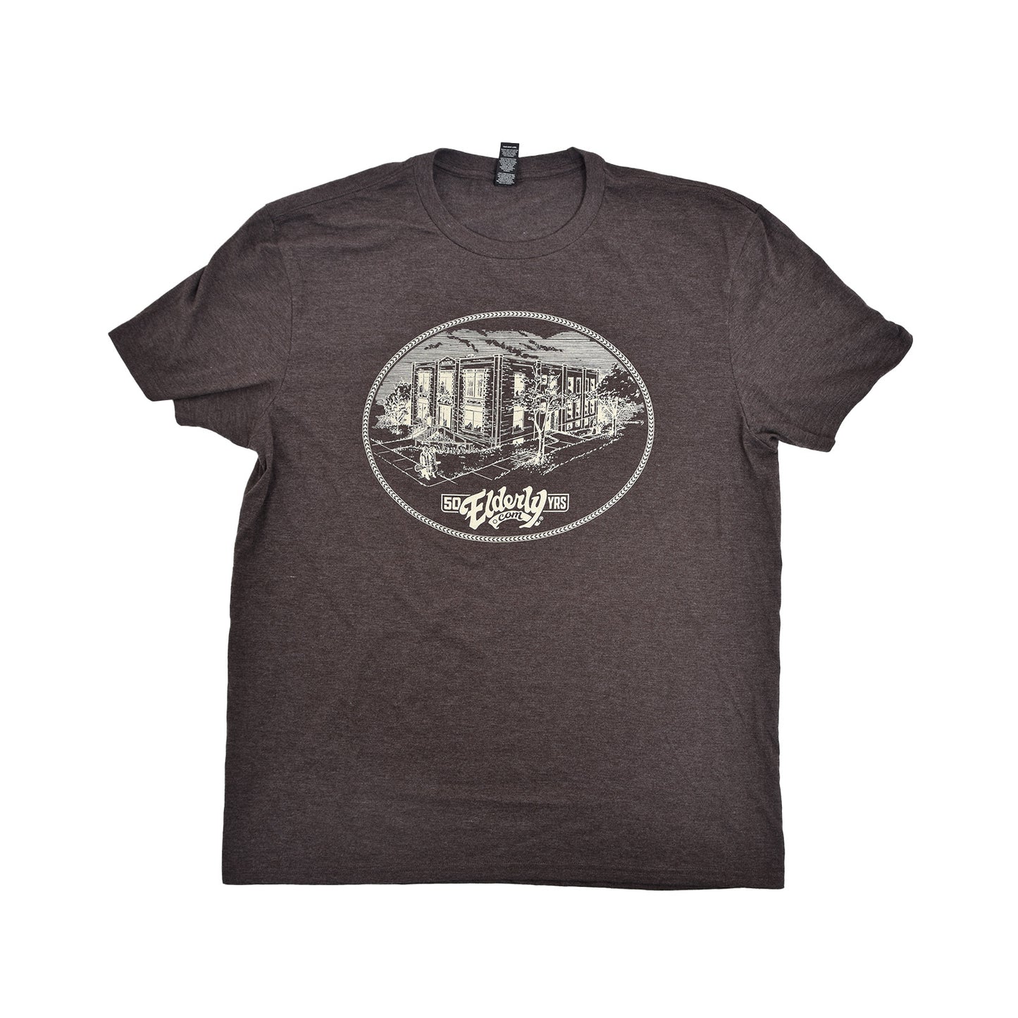 Image 2 of ELDERLY 50TH ANNIVERSARY LOGO TEE HEATHERED BROWN (VARIOUS SIZES)- SKU# TEE89-HB-S : Product Type Accessories & Parts : Elderly Instruments
