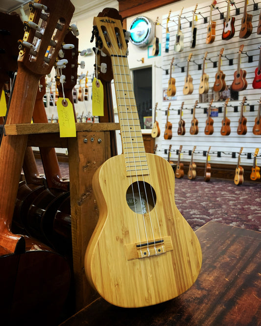 Full Front and Side of Kala Satin All Solid Bamboo Concert Ukulele