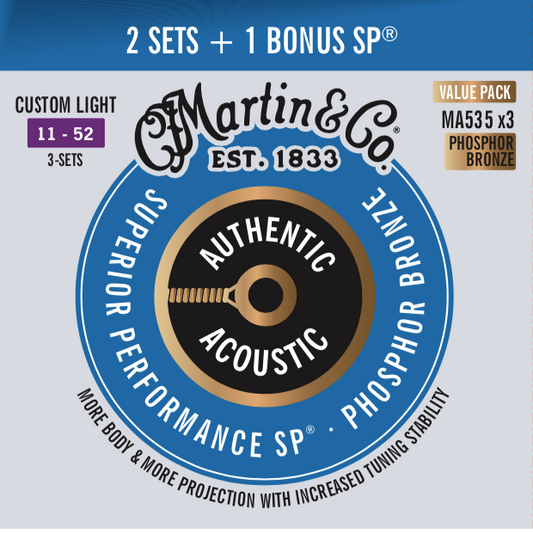 Front of Martin MA535 3-Pack Authentic Acoustic SP Phosphor Bronze Custom Light 6-String Acoustic Guitar Set