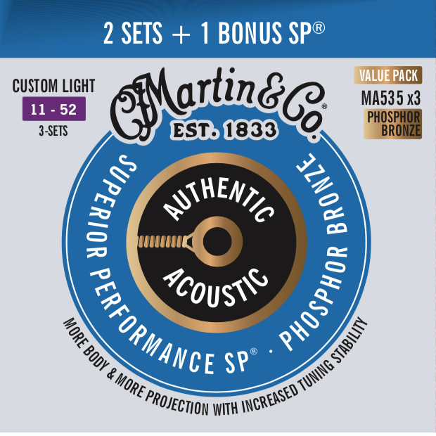 Front of Martin MA535 3-Pack Authentic Acoustic SP Phosphor Bronze Custom Light 6-String Acoustic Guitar Set