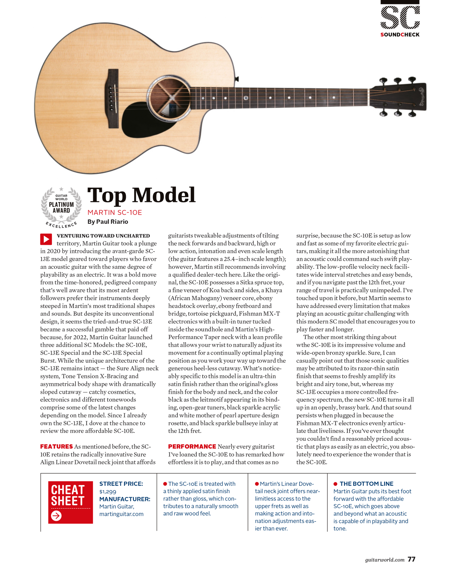 Sound Check Article about Martin SC-10E Cutaway Guitar 