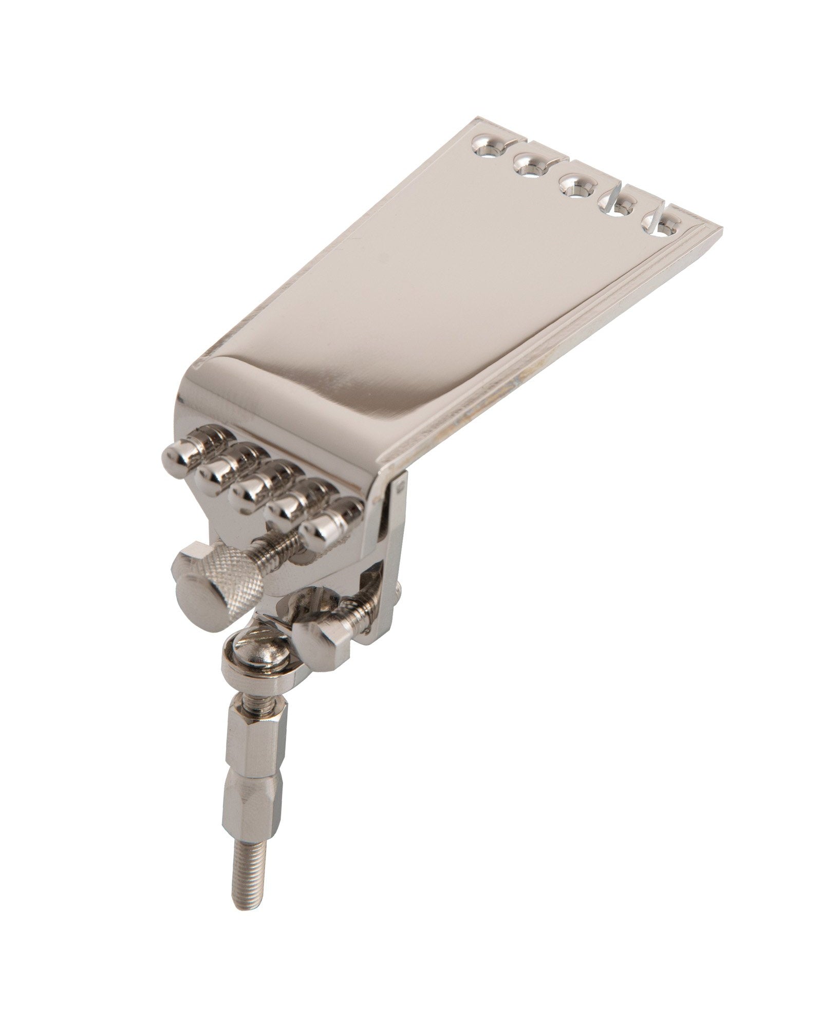 Front and Side of Prucha Kershner Banjo Tailpiece, Nickel